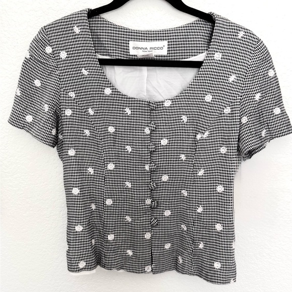 Vintage Donna Ricco Gingham Floral Embroidered Cottagecore Coastal French Top - Picture 1 of 5